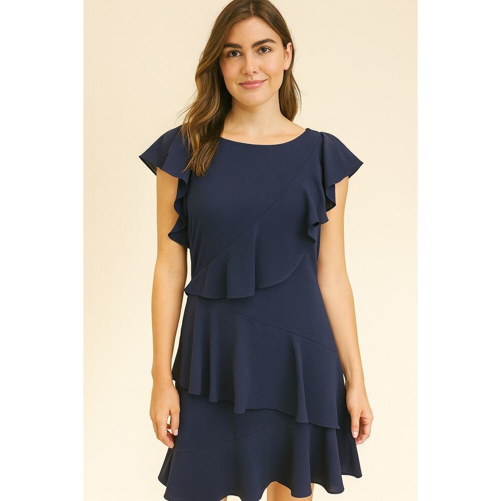 Maggy London tiered ruffle asymmetrical midi dress proffesional career casual 6